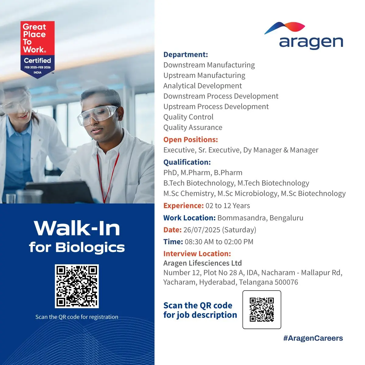 Aragen Lifesciences Walk-In Manufacturing, Process Development, QC, QA 3 Aragen Lifesciences Walk-In Manufacturing, Process Development, QC, QA