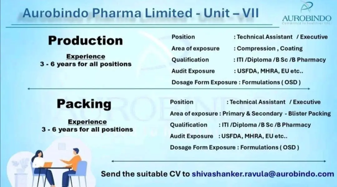 Aurobindo Pharma Hiring Production (Compression, Coating), Packing 3 Aurobindo Pharma Hiring Production (Compression, Coating), Packing