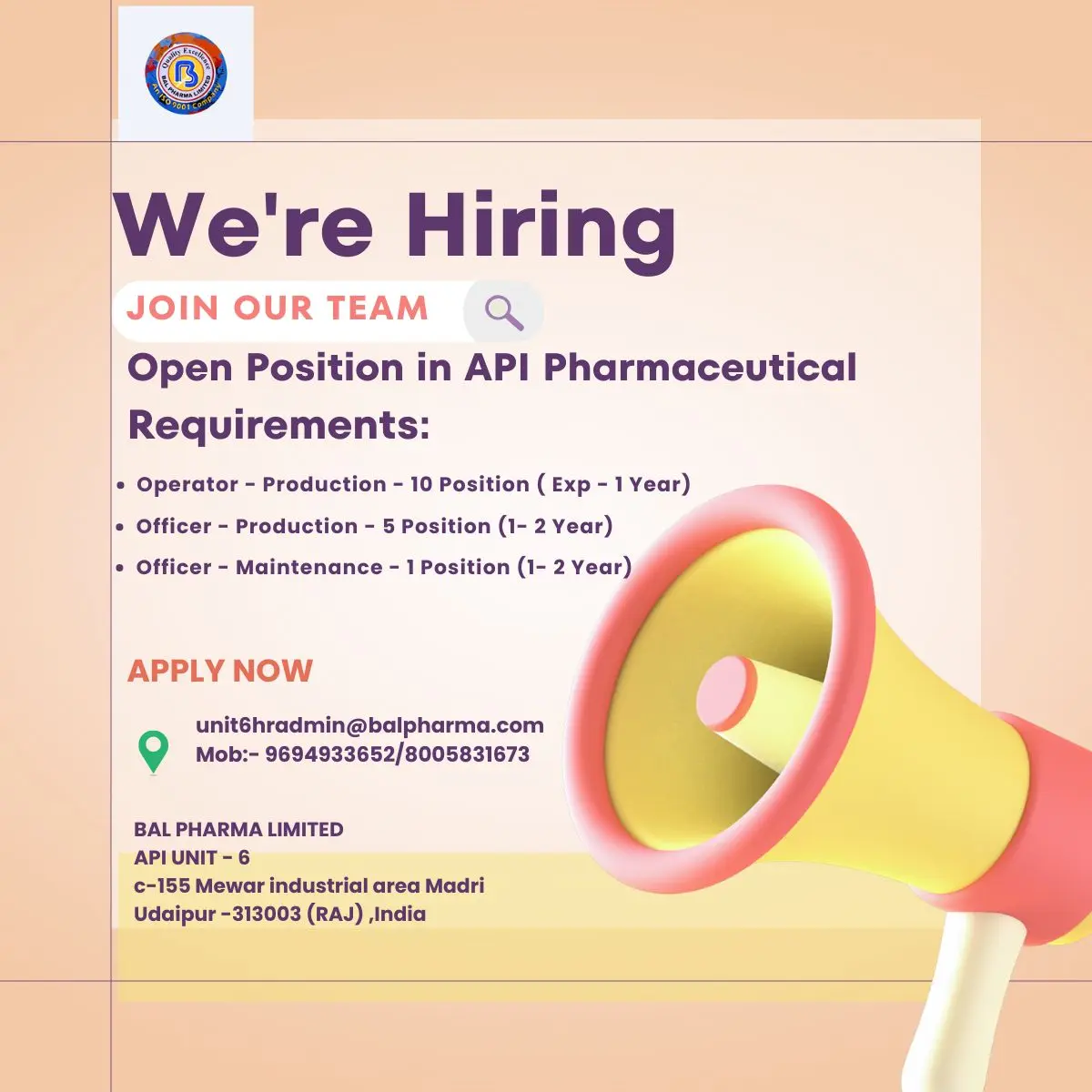 BAL Pharma Hiring Production Operator, Production Officer, Maintenance Officer 2 BAL Pharma Hiring Production Operator, Production Officer, Maintenance Officer