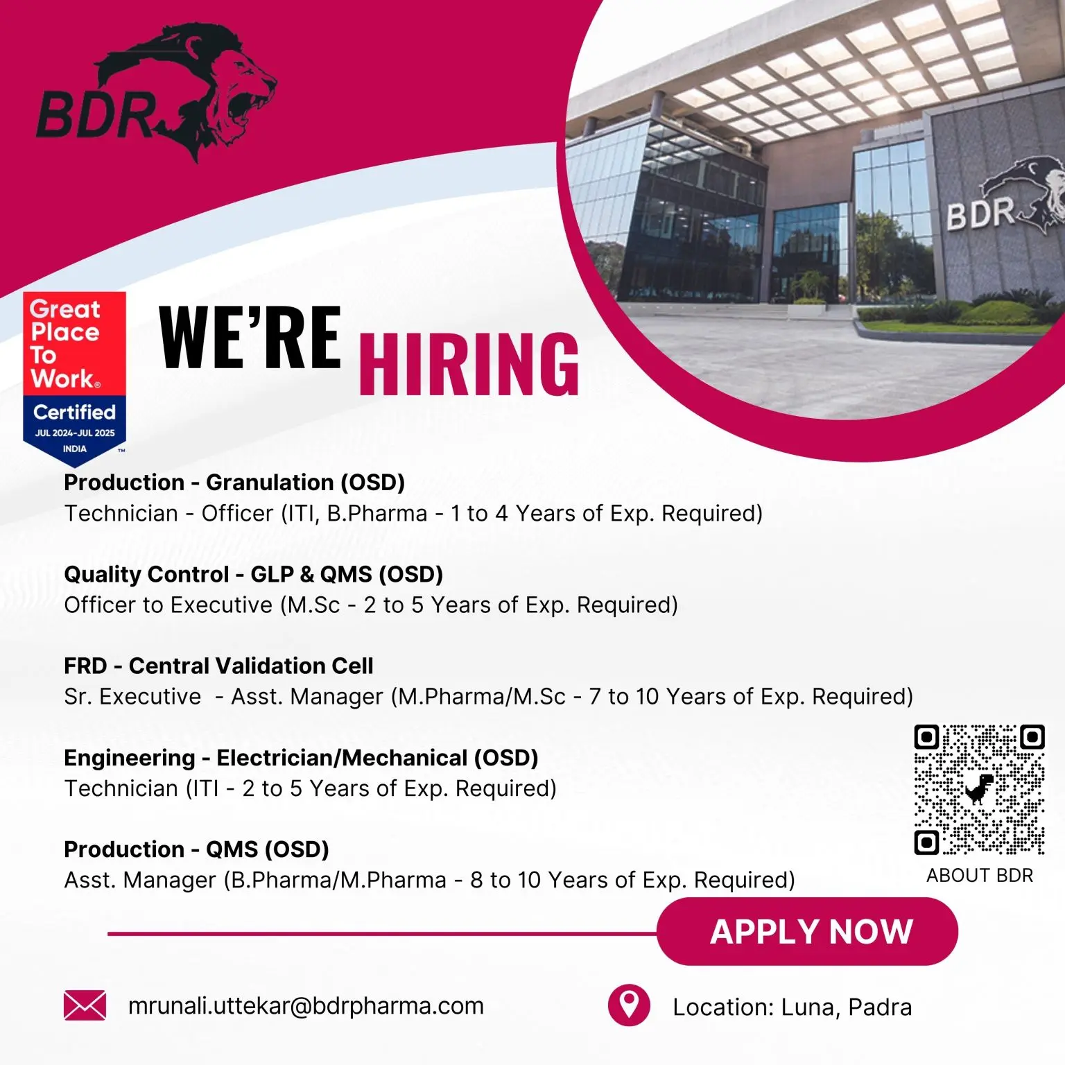 BDR Pharmaceuticals Hiring Production, QC, FRD, Engineering 2 BDR Pharmaceuticals Hiring Production, QC, FRD, Engineering