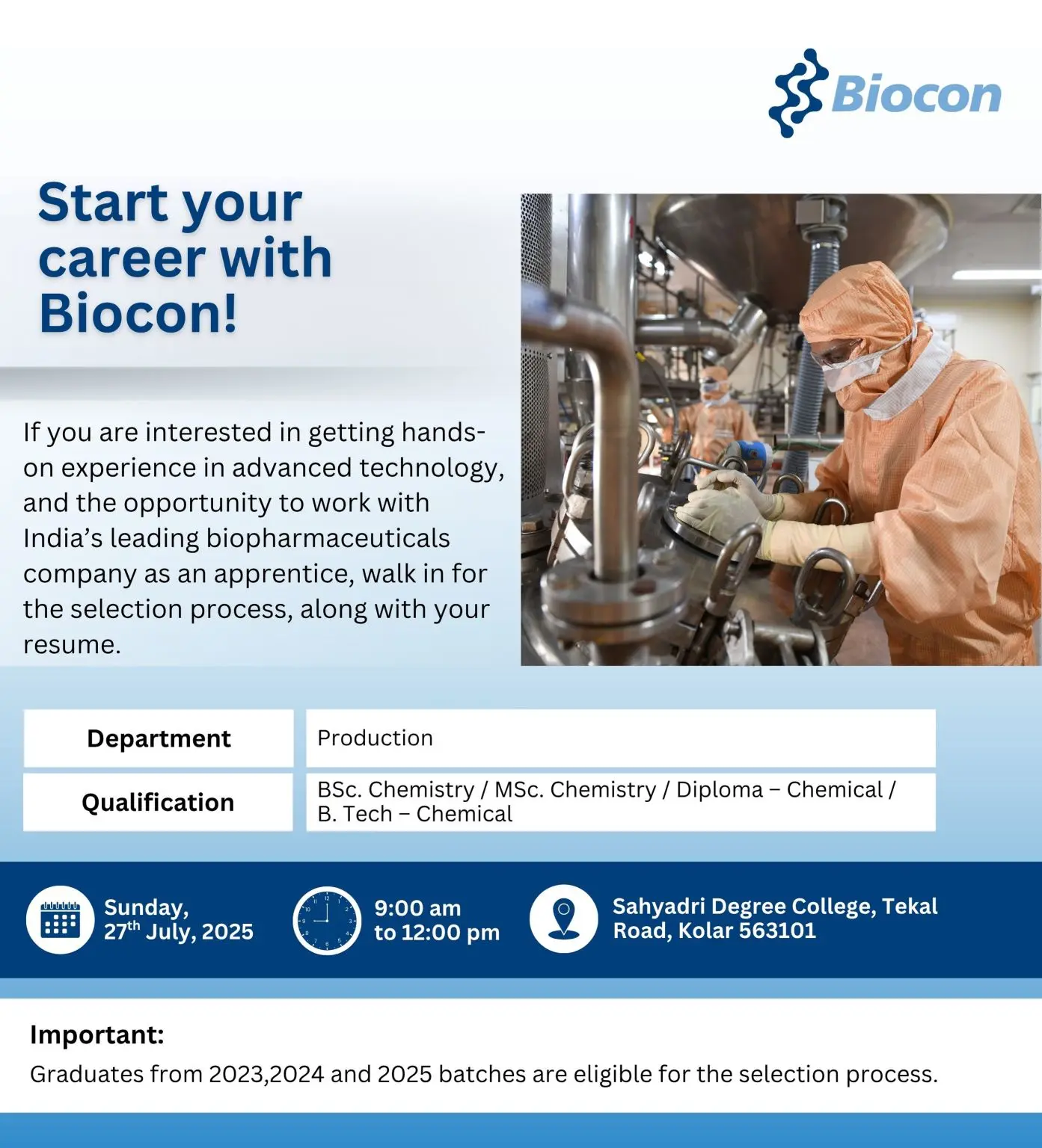 Biocon Walk-in Apprentice – Production Department 3 Biocon Walk-in Apprentice – Production Department