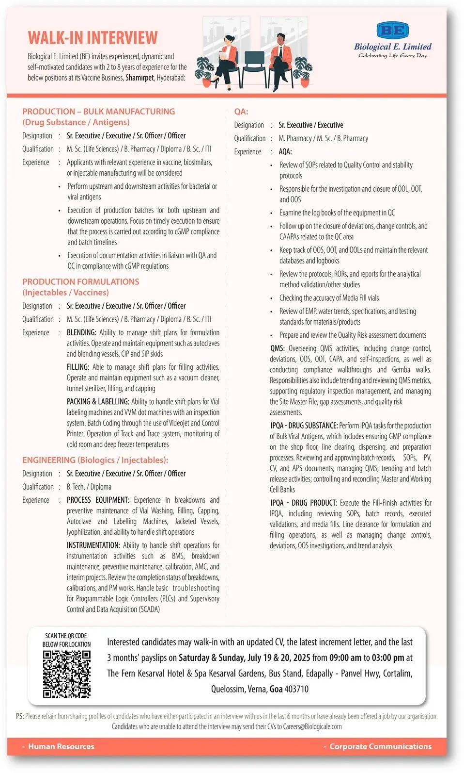 Biological E. Walk-in QA, Production (Bulk/Formulation), Engineering 3 Biological E. Walk-in QA, Production (Bulk/Formulation), Engineering