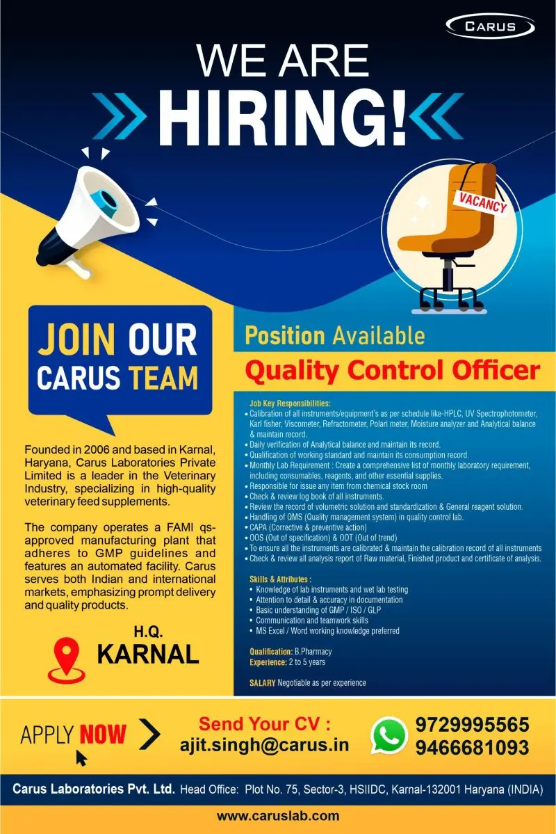 Carus Laboratories Hiring Quality Control Officer 2 Carus Laboratories Hiring Quality Control Officer