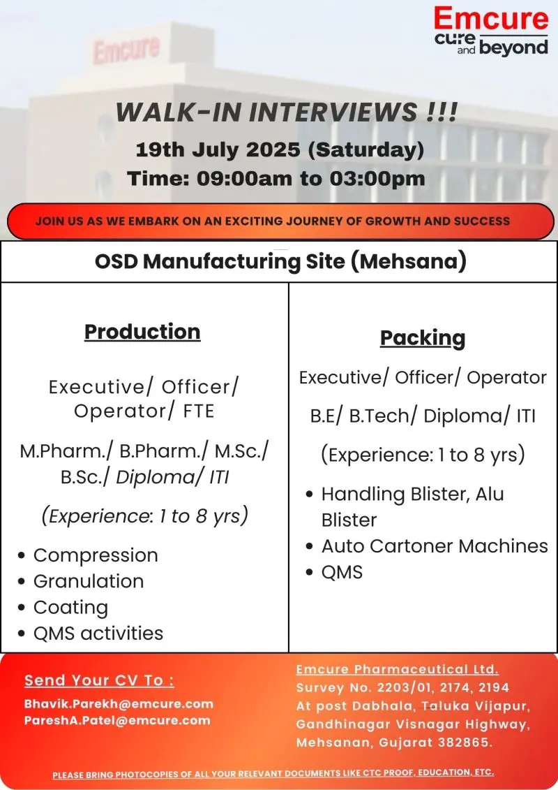 Emcure Pharmaceuticals Walk-In Production, Packing, QMS 2 Emcure Pharmaceuticals Walk-In Production, Packing, QMS