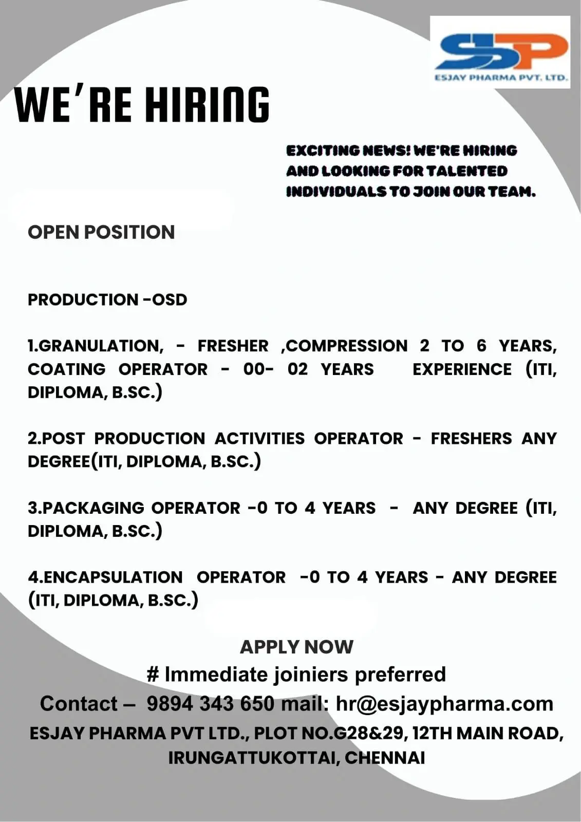 Esjay Pharma HIRING Production (OSD), Packaging, Encapsulation 2 Esjay Pharma HIRING Production (OSD), Packaging, Encapsulation