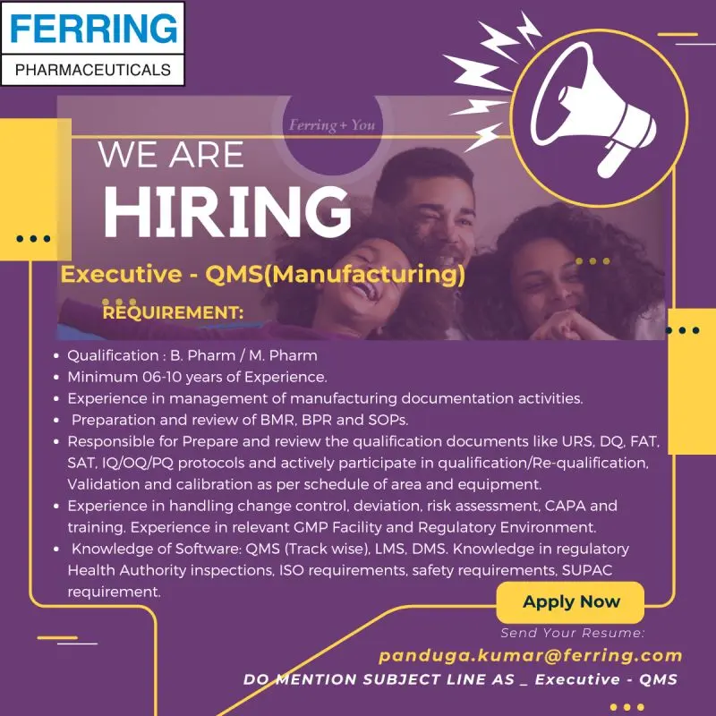 Executive – QMS Openings | Ferring Pharma Hiring in Hyderabad 4 Executive – QMS Openings Ferring Pharma Hiring in Hyderabad