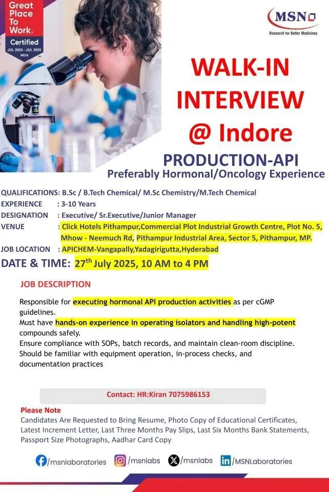 MSN Laboratories Walk-in API Production – Hormonal/Oncology 3 MSN Laboratories Walk-in API Production – HormonalOncology