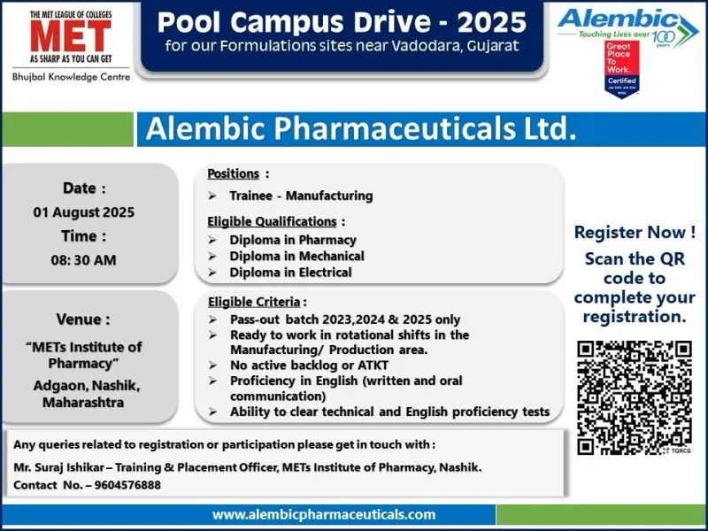 Alembic Hiring Diploma Freshers | Manufacturing Trainee Jobs | Pool Campus 2025 3 Pharma Production Jobs for Diploma Freshers Alembic Pool Campus Drive 2025