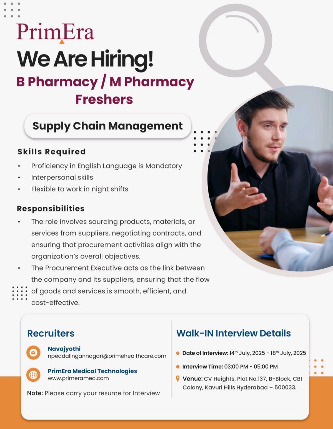PrimEra Medical Technologies Walk-In Supply Chain – Procurement Executive 2 PrimEra Medical Technologies Walk-InSupply Chain – Procurement Executive