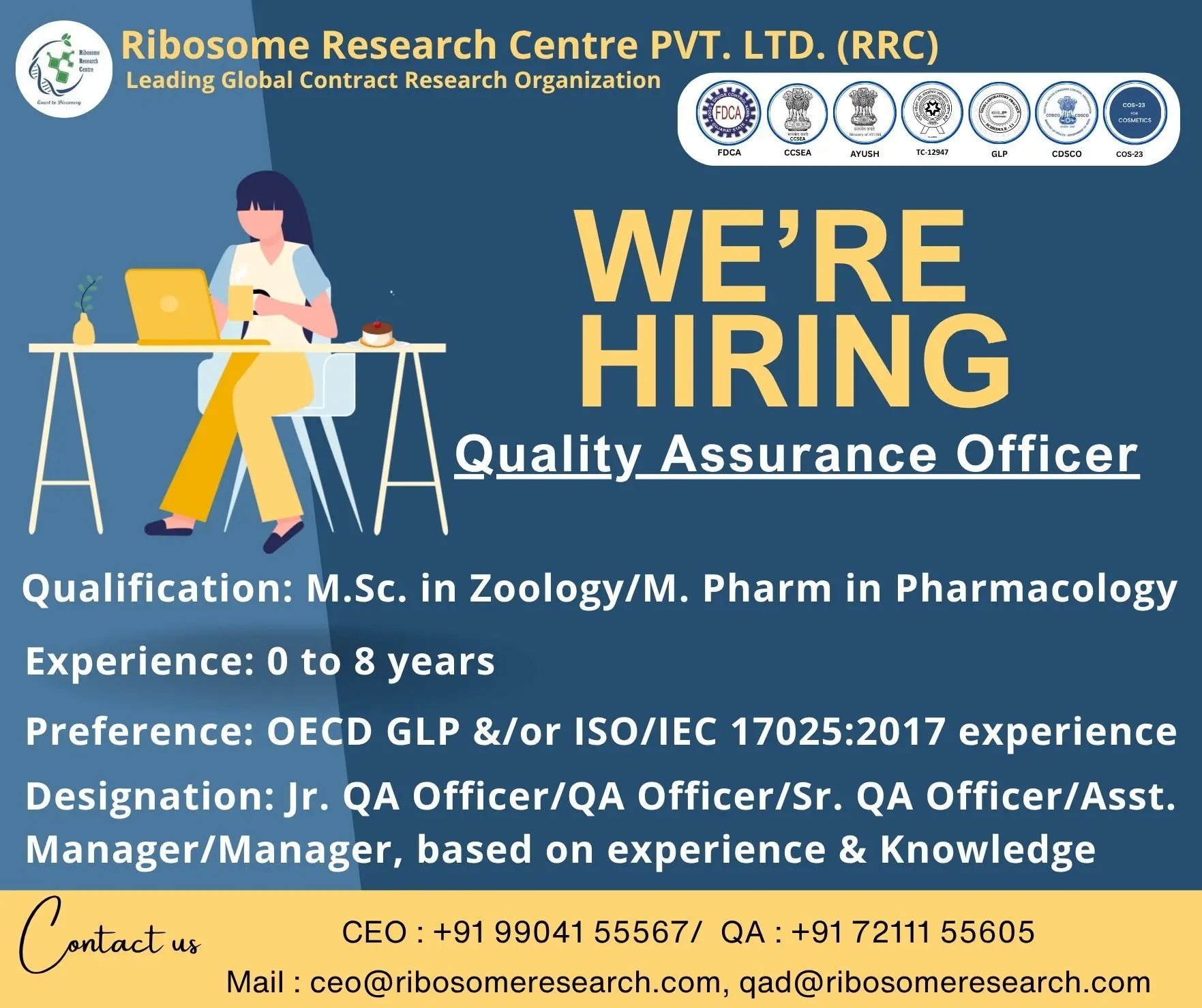 Ribosome Research Centre Hiring QA Officer, Sr. QA Officer, Asst. Manager 3 Ribosome Research Centre Hiring QA Officer, Sr. QA Officer, Asst. Manager