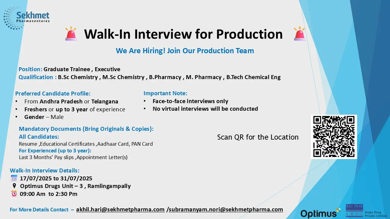 Sekhmet Pharmaventures Walk-In Production - Graduate Trainee, Executive 3 Sekhmet Pharmaventures Walk-In Production - Graduate Trainee, Executive