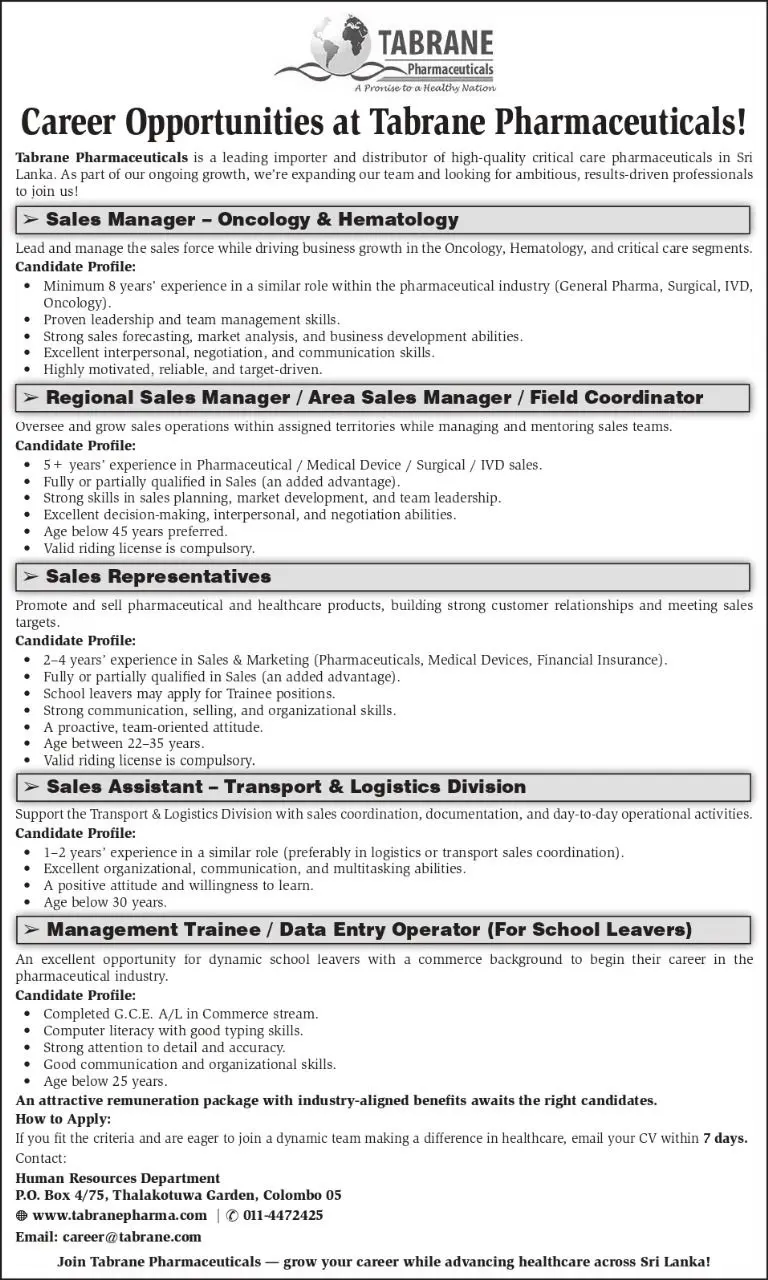 Tabrane Pharmaceuticals Hiring Sales, Logistics, Trainee, Management & Assistants 3 Tabrane Pharmaceuticals Hiring Sales, Logistics, Trainee, Management & Assistants