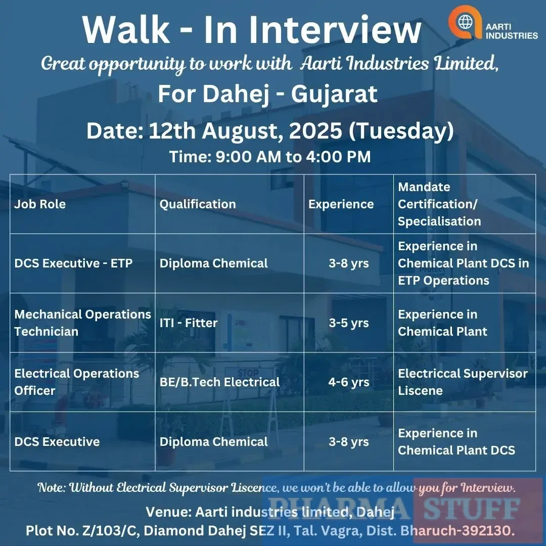 Aarti Industries Walk-in DCS Executive, Electrical Officer, Mechanical Technician, DM Plant Operator, Utility Technician 5 Aarti Industries Walk-in DCS Executive, Electrical Officer, Mechanical Technician, DM Plant Operator, Utility Technician