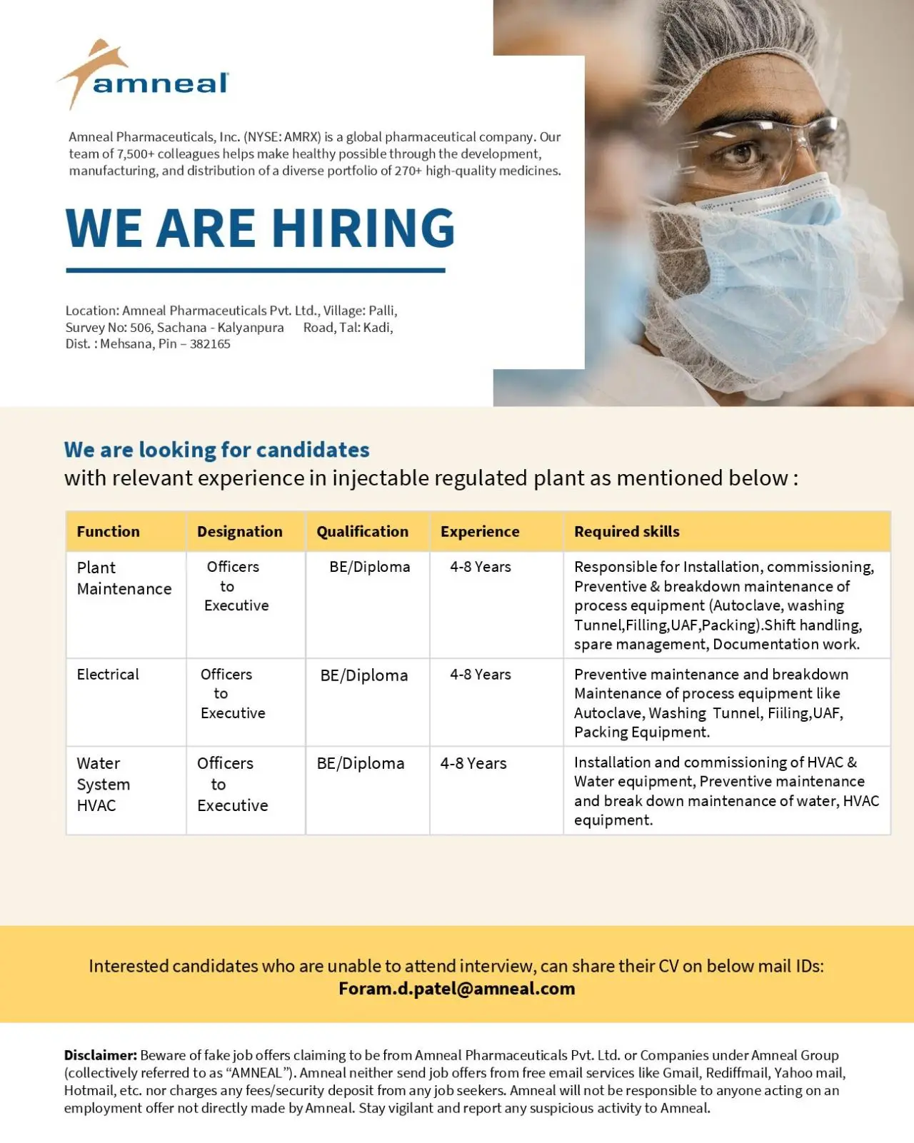 Amneal Pharma Hiring Officers to Executives – Plant Maintenance 3 Amneal Pharma Hiring Officers to Executives – Plant Maintenance