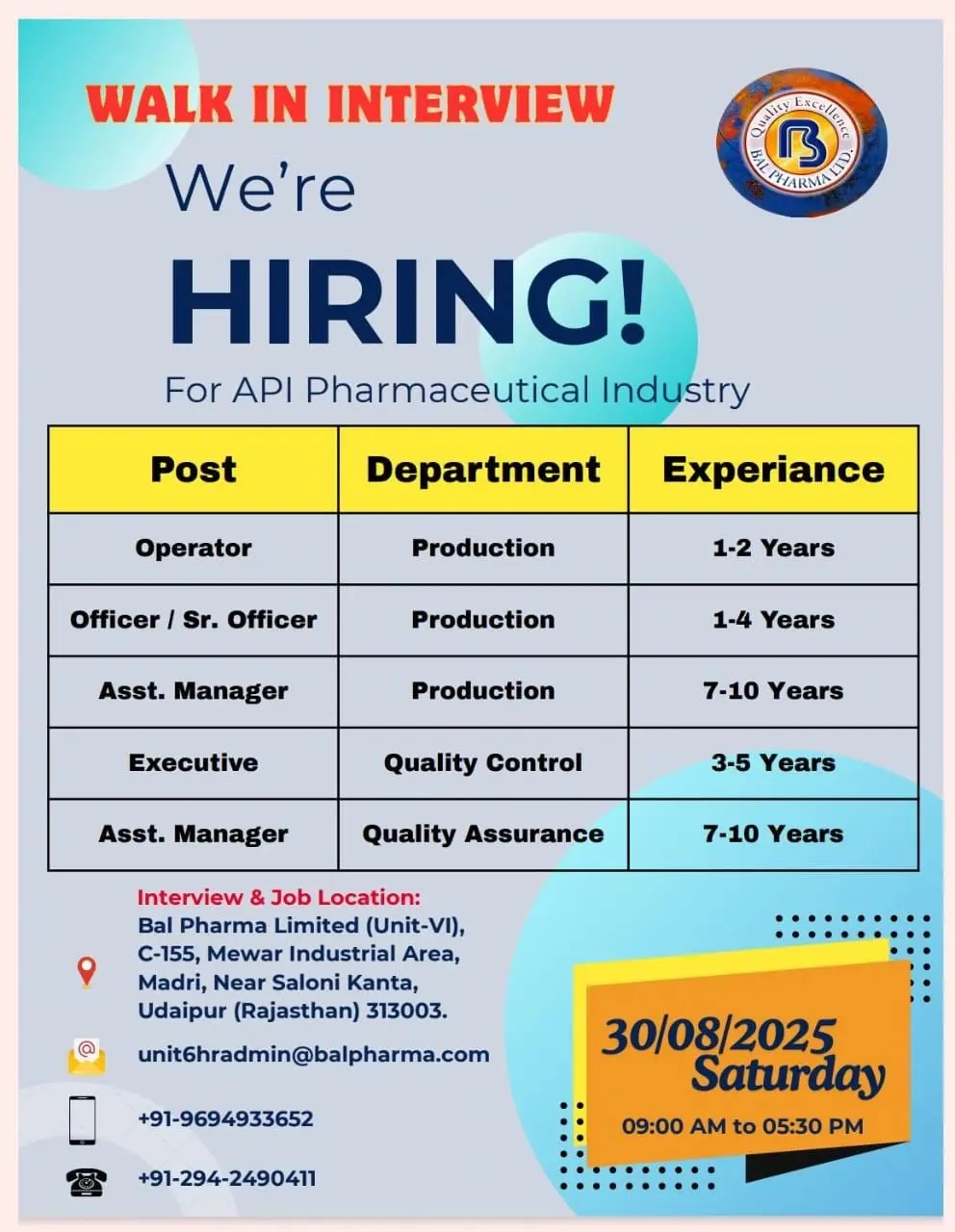 Bal Pharma walk-in API Production & QC,QA 3 Bal Pharma walk-in API Production & QC,QA