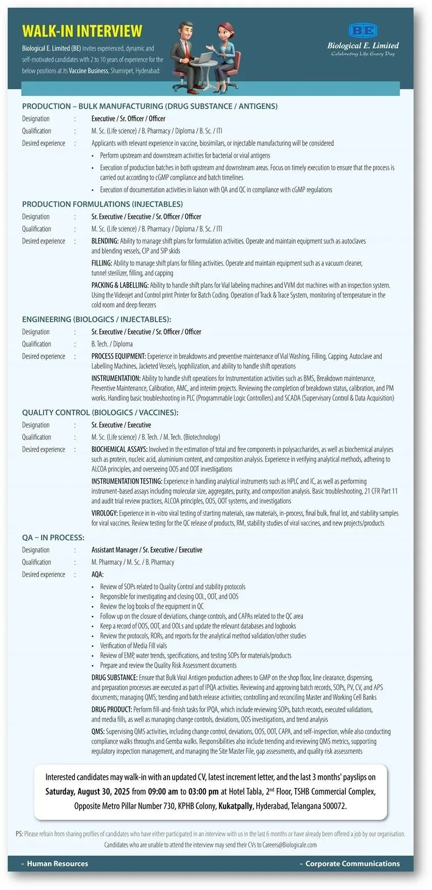 Biological E Walk-In Production, QC, QA, and Engineering 3 Biological E Walk-In Production, QC, QA, and Engineering