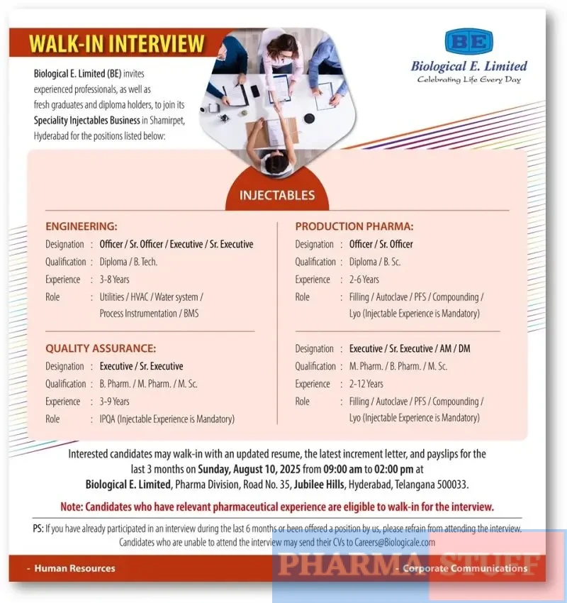 Biological E. Walk-In Production, QA, Engineering (Injectables) 3 Biological E. Walk-In Production, QA, Engineering (Injectables)