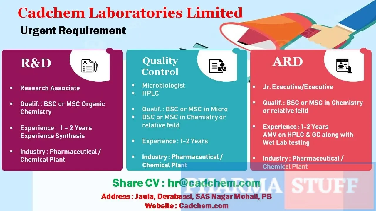 Cadchem Laboratories Hiring R&D Research Associate, QC Microbiologist/HPLC, ARD Jr. Executive/Executive 3 bsc-msc-pharma-cadchem-laboratories-mohali
