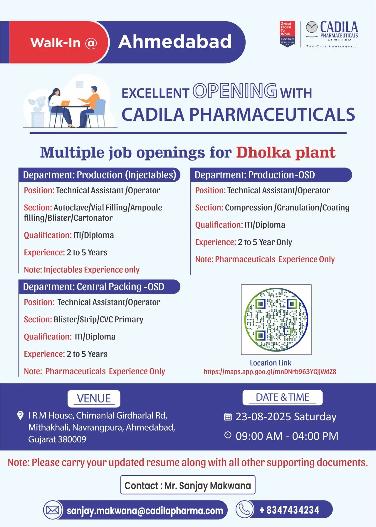 Cadila Pharma Walk-in Production & Packing roles 3 Cadila Pharma Walk-in Production & Packing roles