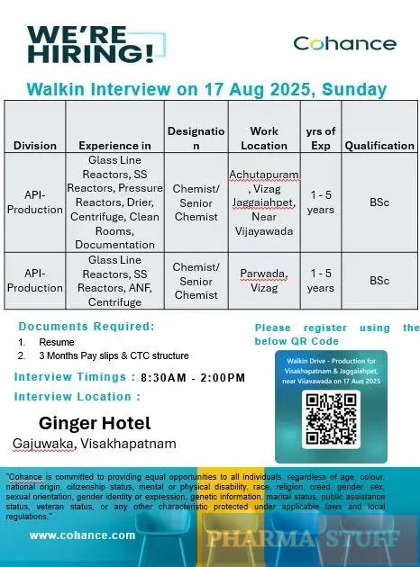 Cohance Walk-in Chemist / Senior Chemist – API Production 3 Cohance Walk-in Chemist / Senior Chemist – API Production