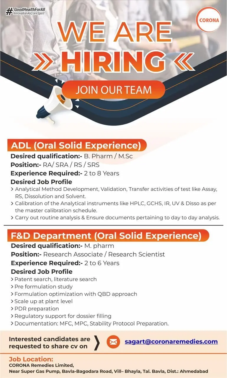 Corona Remedies Hiring RA/SRA/RS/SRS,Research Associate/Scientist 3 Corona Remedies Hiring RA/SRA/RS/SRS,Research Associate/Scientist