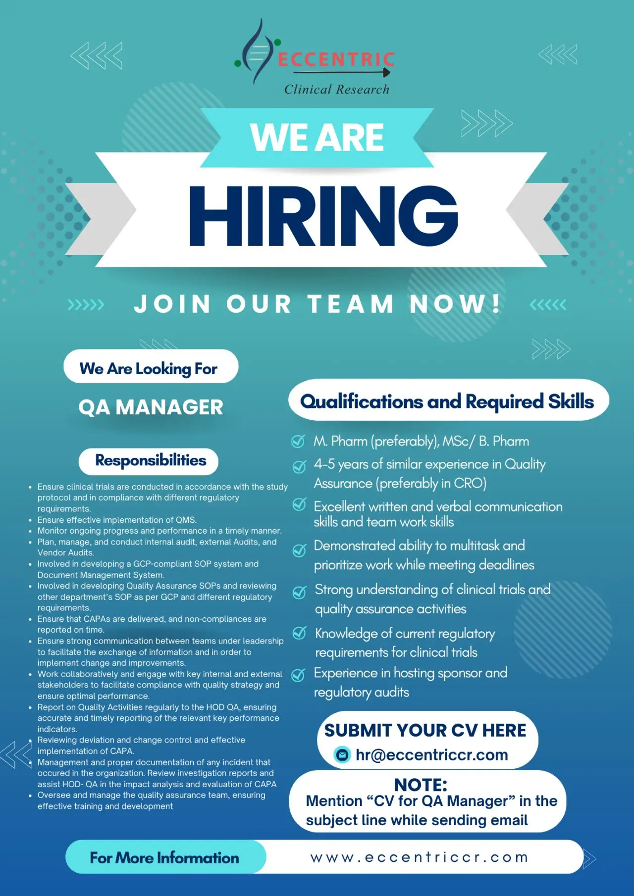 Eccentric Clinical Research Hiring QA Manager – Quality Assurance 3 Eccentric Clinical Research Hiring QA Manager – Quality Assurance