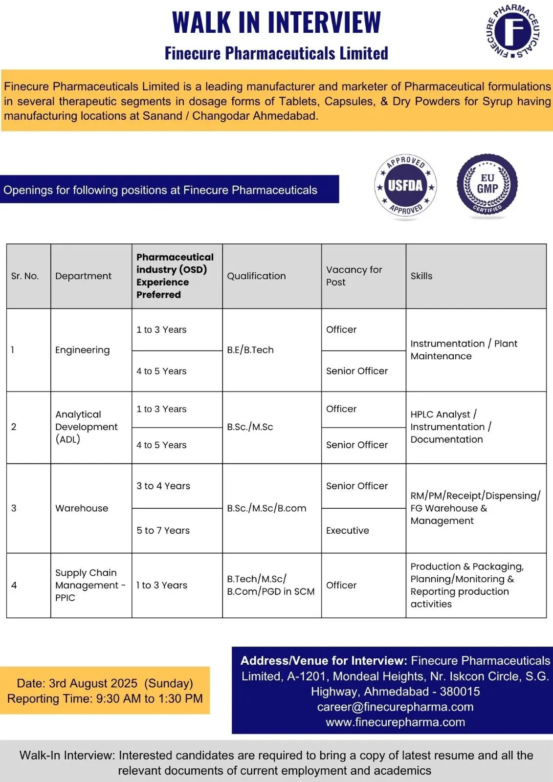 Finecure Pharmaceuticals Walk-In ADL, Engineering, Warehouse, SCM 3 Finecure Pharmaceuticals Walk-In ADL, Engineering, Warehouse, SCM