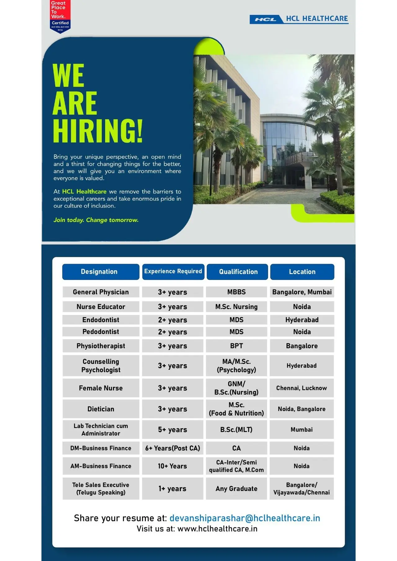 Virchow Biotech walk-in 30 Trainee Executives 5 HCL Healthcare hiring Nurses Endodontists Physiotherapists more 1 1