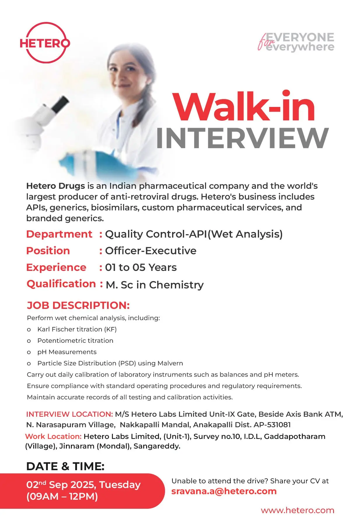 Hetero Pharma Walk-In QC-API Officer/Executive Openings 3 Hetero Pharma Walk-In QC-API Officer/Executive Openings