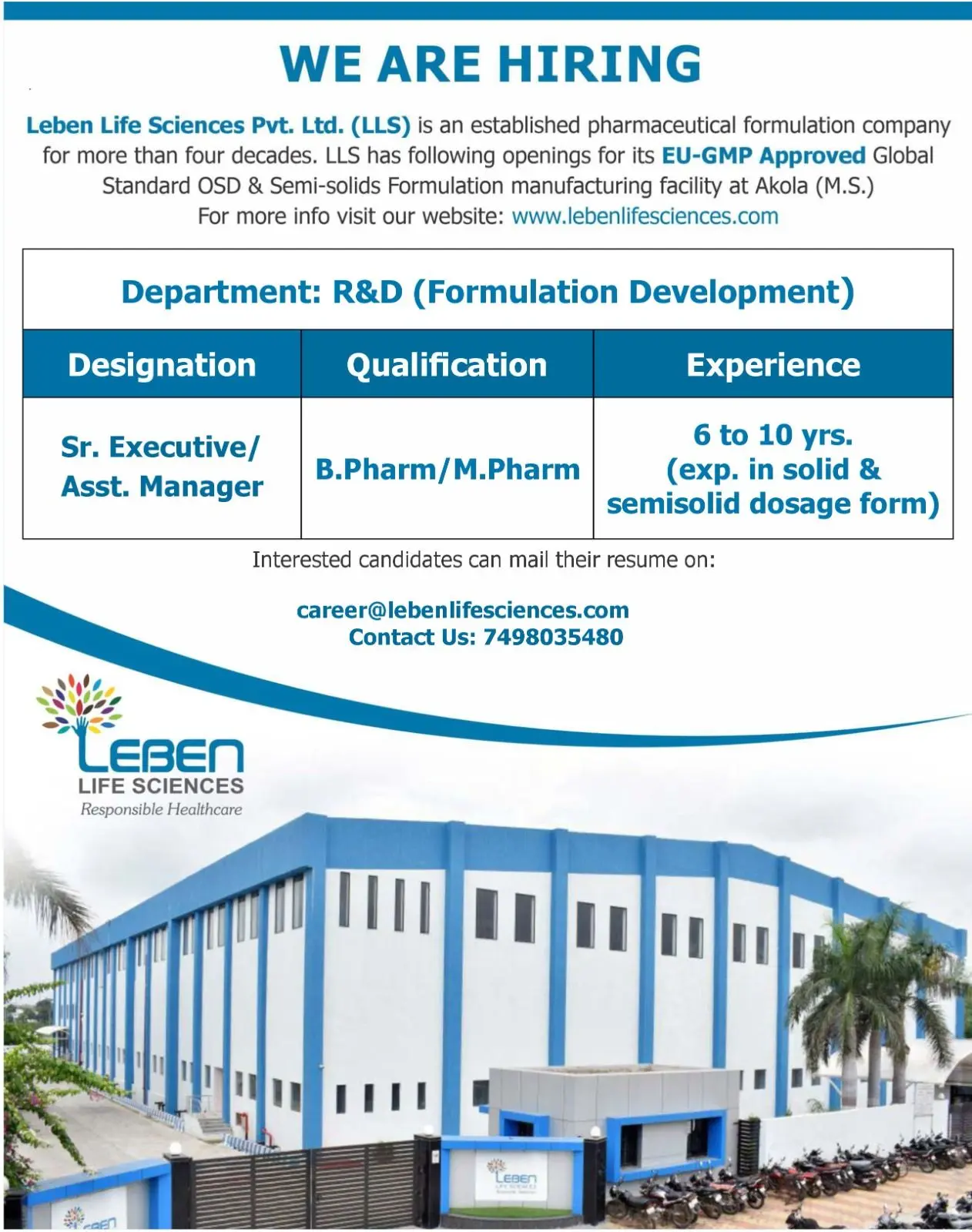 Leben Life Sciences hiring Sr. Executive / Assistant Manager - R&D Formulation Development 3 Leben Life Sciences hiring Sr. Executive / Assistant Manager - R&D Formulation Development