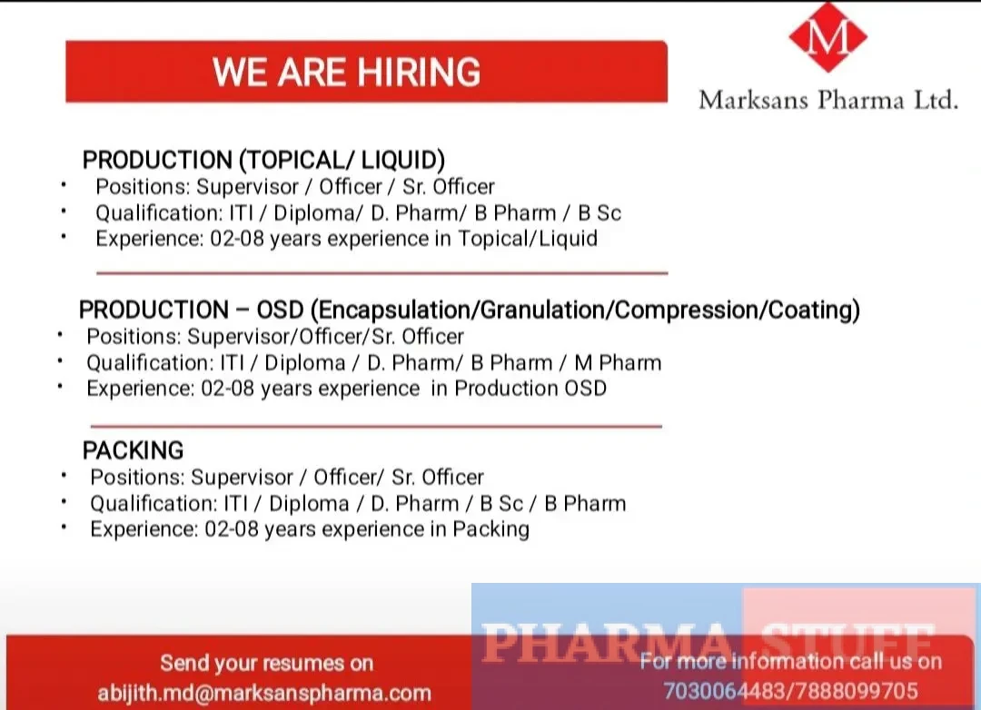 Marksans Pharma Hiring Production (OSD, Topical), Packing 3 Marksans Pharma Hiring Production (OSD, Topical), Packing