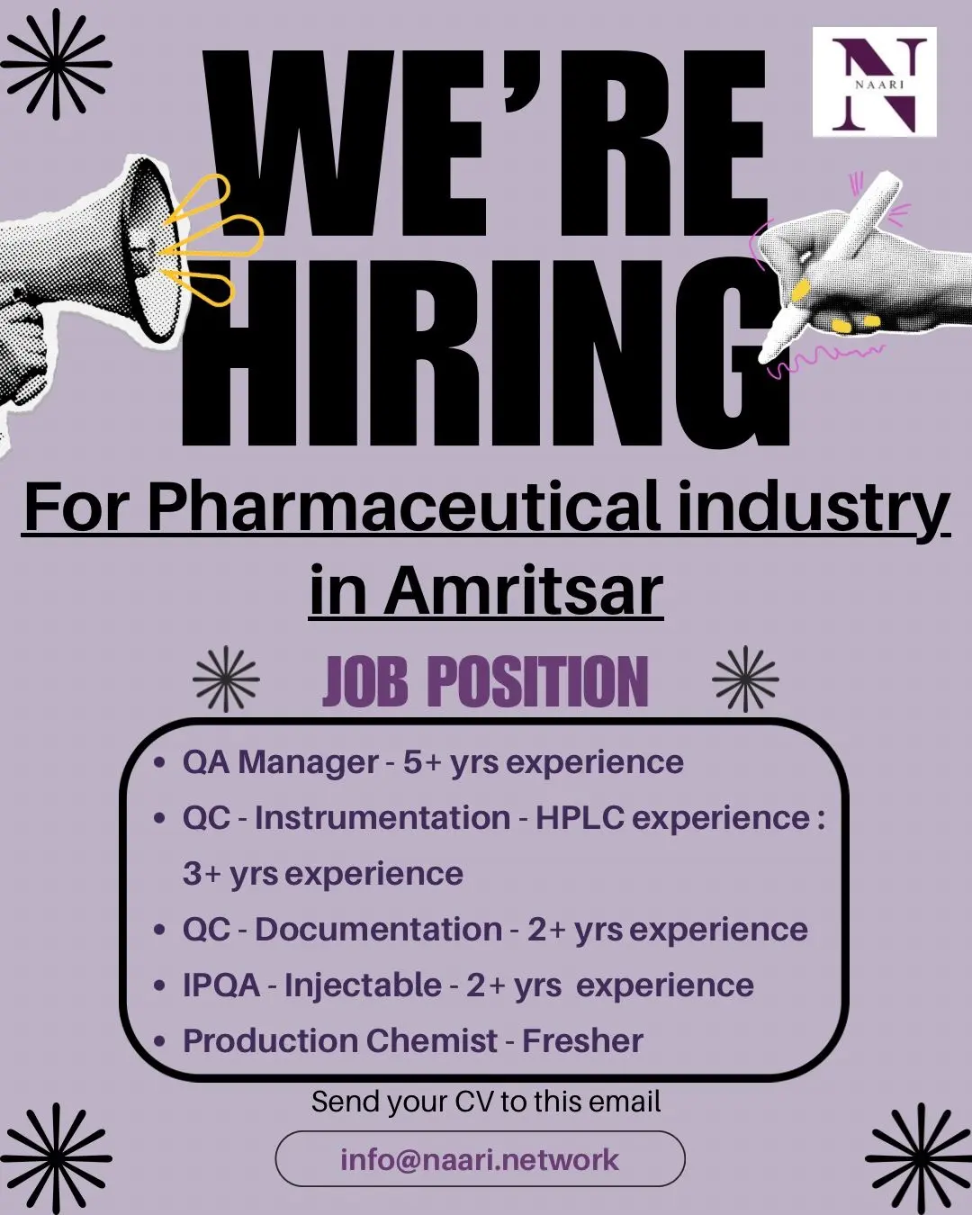 Naari Pharma Hiring QA, QC, IPQA & Production Chemist 3 Naari Pharma Hiring QA, QC, IPQA & Production Chemist