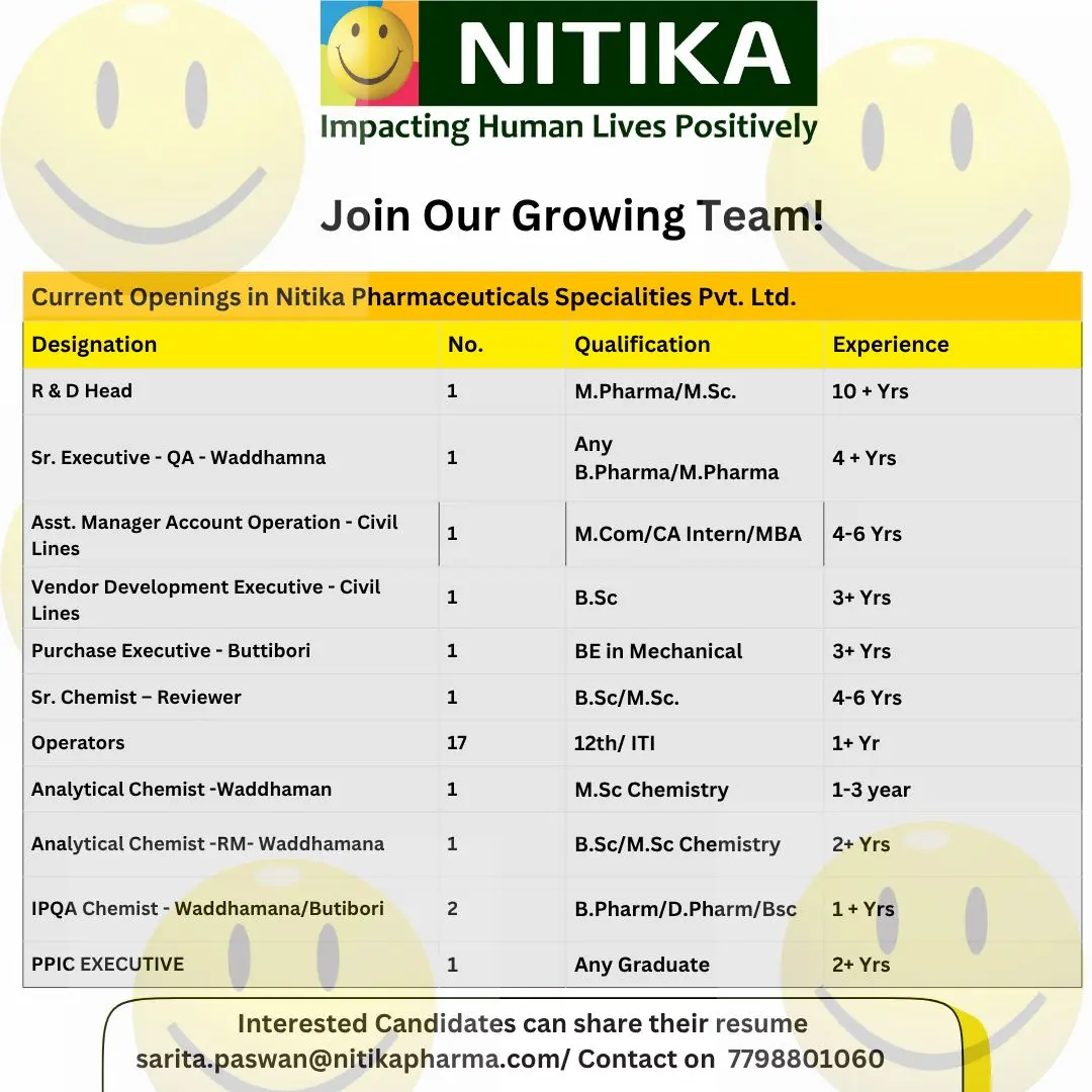 Nitika Pharmaceuticals Specialities Hiring R&D, QA, Production, Accounts, Purchase, Vendor Development 3 Nitika Pharmaceuticals Specialities Hiring R&D, QA, Production, Accounts, Purchase, Vendor Development