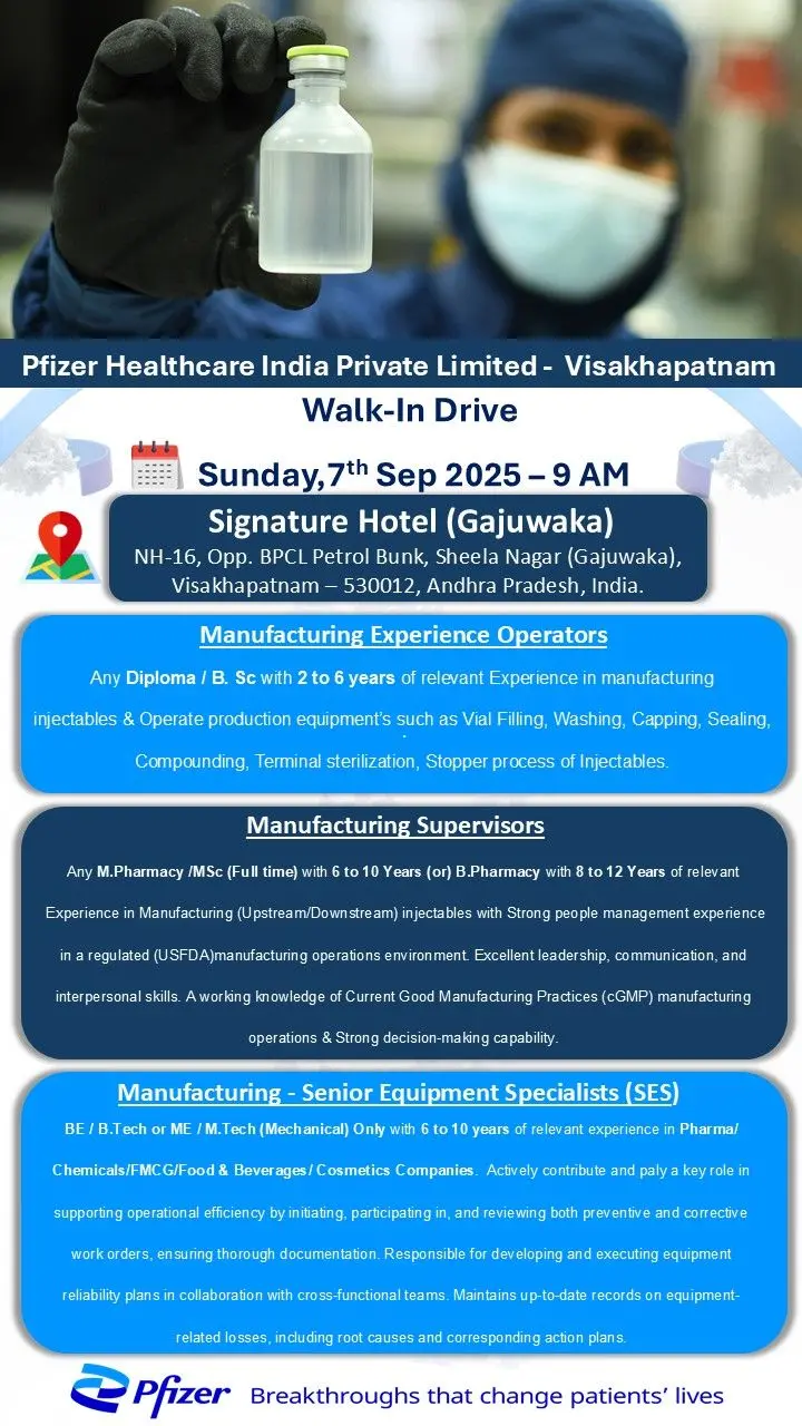Pfizer Walk-in Operators, Supervisors & Senior Equipment Specialists. 3 Pfizer Walk-in Operators, Supervisors & Senior Equipment Specialists.