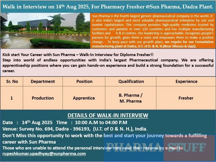Sun Pharma Walk-in Apprentice – Production Department 3 Sun Pharma Walk-in Apprentice – Production Department