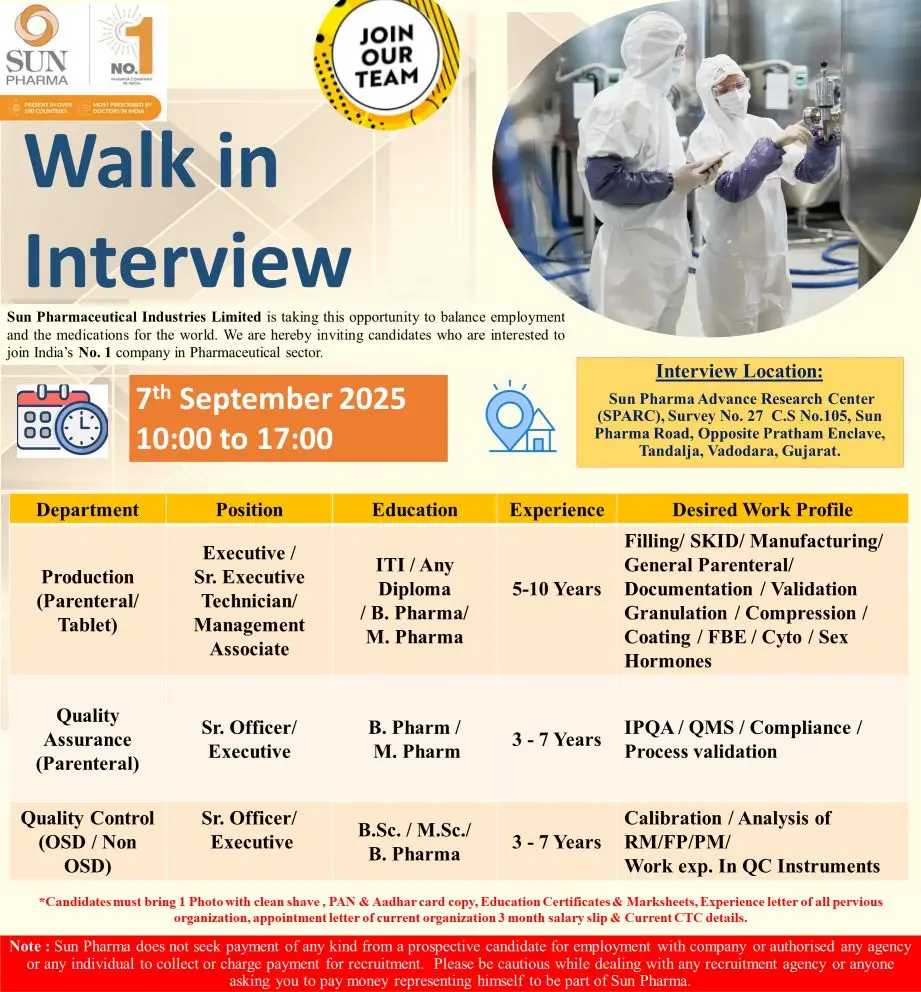 Sun Pharma Walk-in Production, QA & QC 3 Sun Pharma Walk-in Production, QA & QC