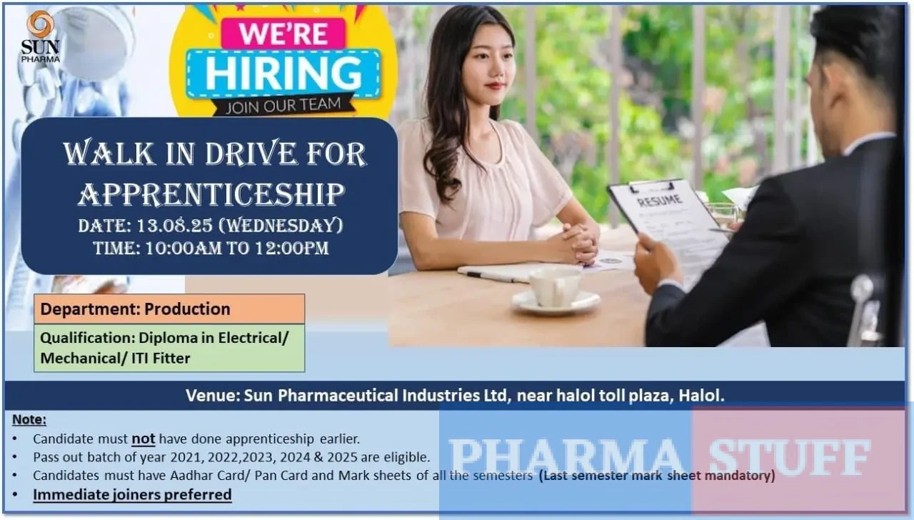 Sun Pharma Walk-in Production – Apprenticeship (Freshers) 3 Sun Pharma Walk-in Production – Apprenticeship (Freshers)