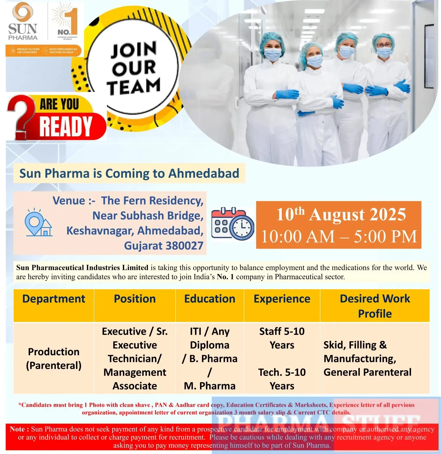 Sun Pharmaceutical Industries Walk-in Executive, Sr. Executive, Technician, Management Associate (Parenteral Production) 3 Sun Pharmaceutical Industries Walk-in Executive, Sr. Executive, Technician, Management Associate (Parenteral Production)