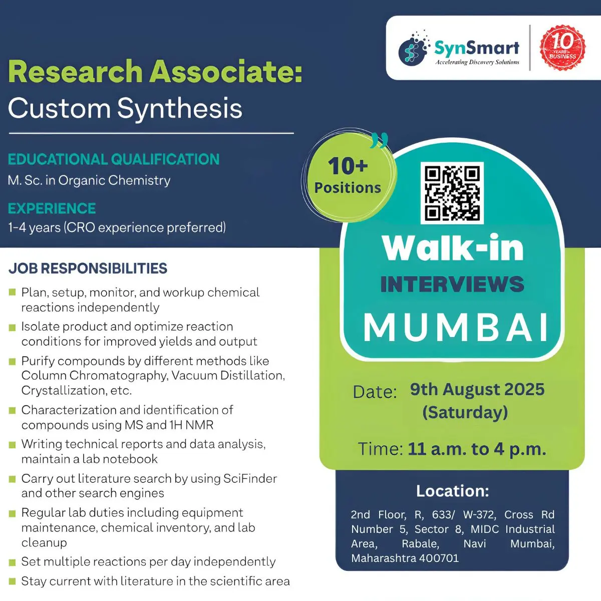 SynSmart – Accelerating Discovery Solutions Walk-in Research Associate – Custom Synthesis (10+) 3 SynSmart – Accelerating Discovery Solutions Walk-in Research Associate – Custom Synthesis (10+)