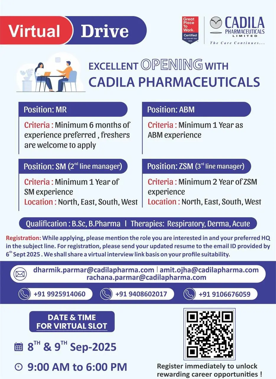 Cadila Pharma Hiring MR, ABM, SM, ZSM 3 Cadila Pharma Hiring MR, ABM, SM, ZSM