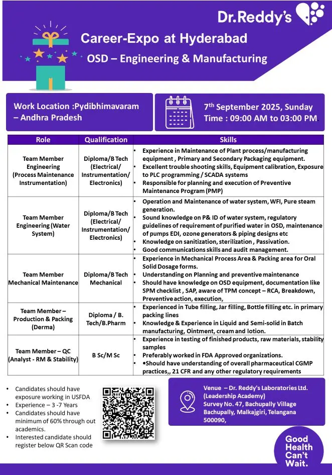 Dr. Reddy’s Walk-in engineering, manufacturing & QC 3 Dr. Reddy’s Walk-in engineering, manufacturing & QC