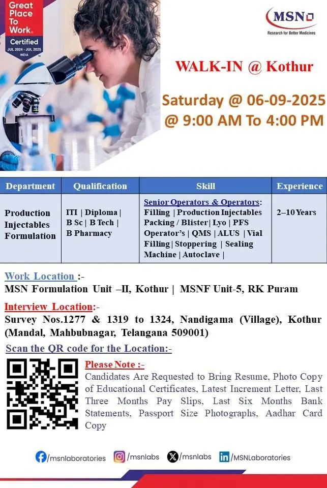 MSN Laboratories Walk-in Production Operators & Sr. Operators 3 MSN Laboratories Walk-in Production Operators & Sr. Operators