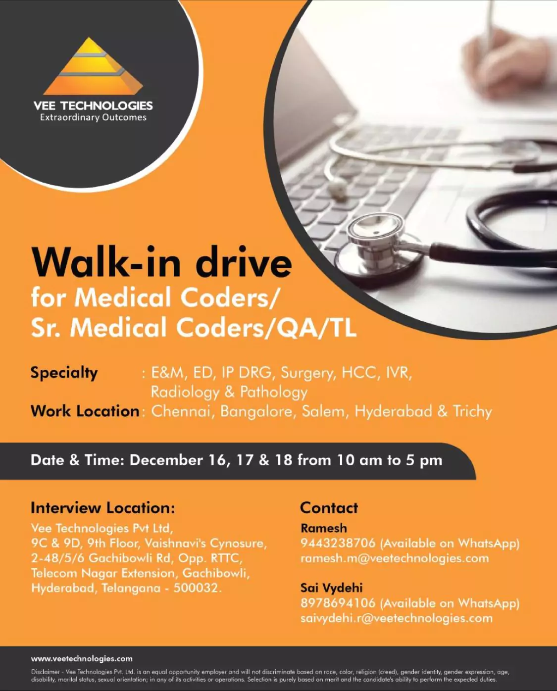 Medical Coding Job Vacancies by Vee Technologies 2 Walk-in drive for Medical Coders/ Sr. Medical Coders/QA/TL