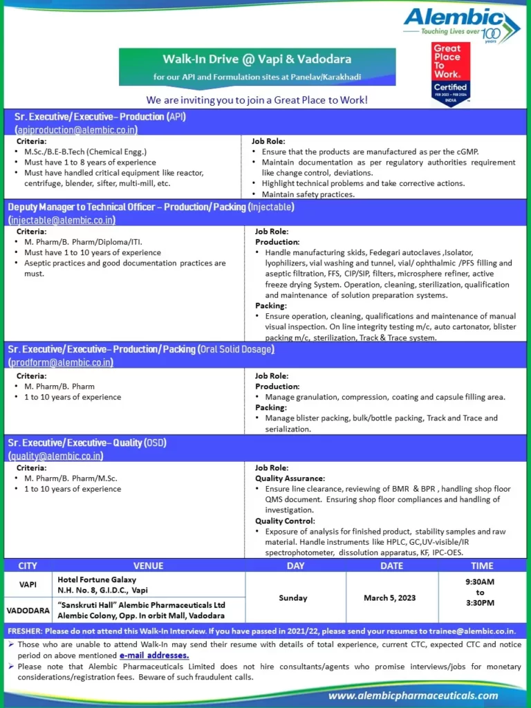 Join the Alembic Pharma Walk-In-Interview for Production, Quality Control, and Assurance Jobs in Vapi & Vadodara