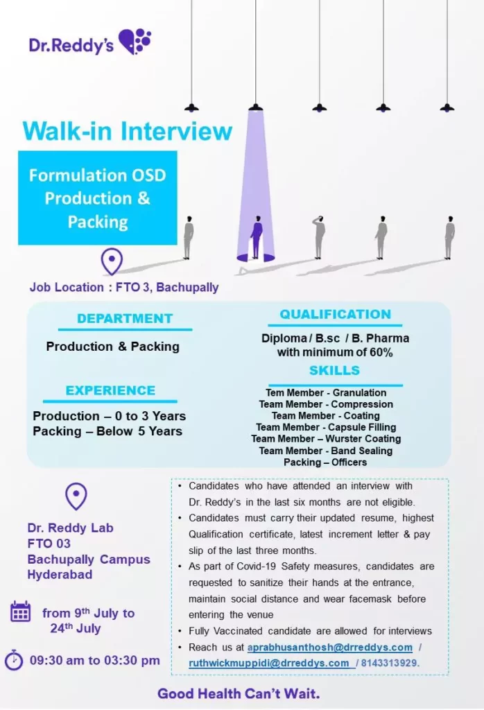 Dr Reddys Fresher & Experience Jobs; Production & Packing