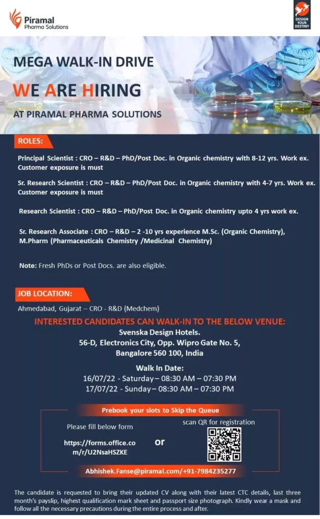 Piramal Pharma - Discovery Solutions - Mega Walk-in Drive Bengaluru