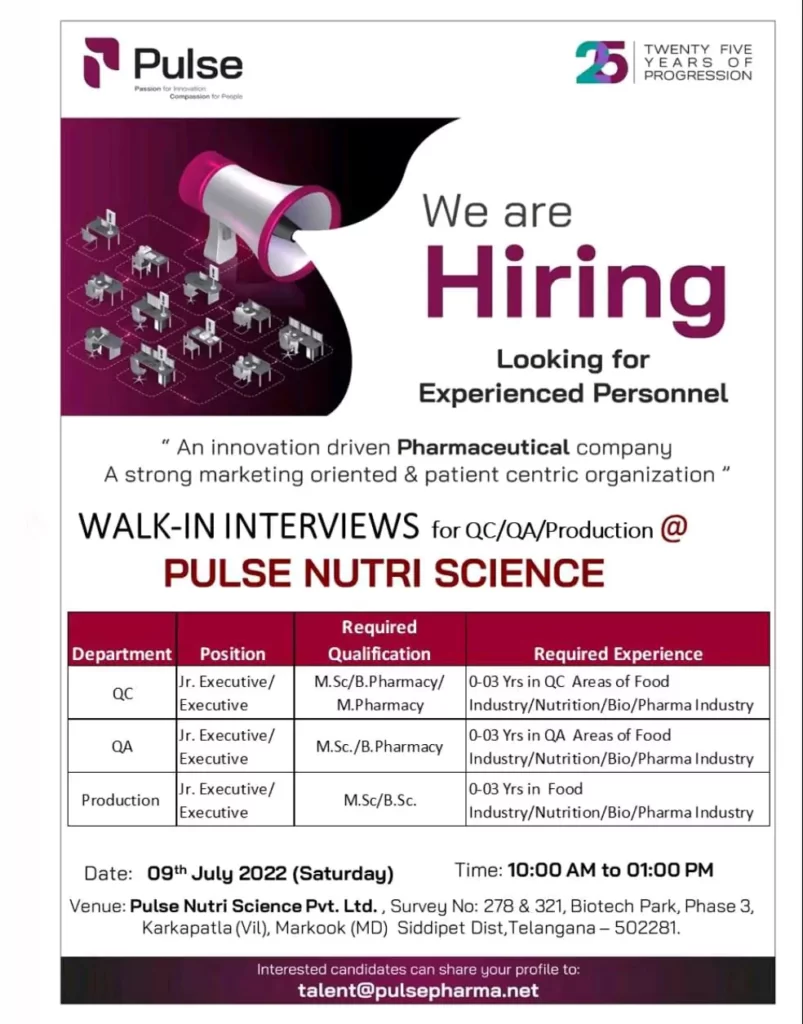 Pulse Nutri Sciences - Freshers & Experienced Personnel for QA, QC & Production