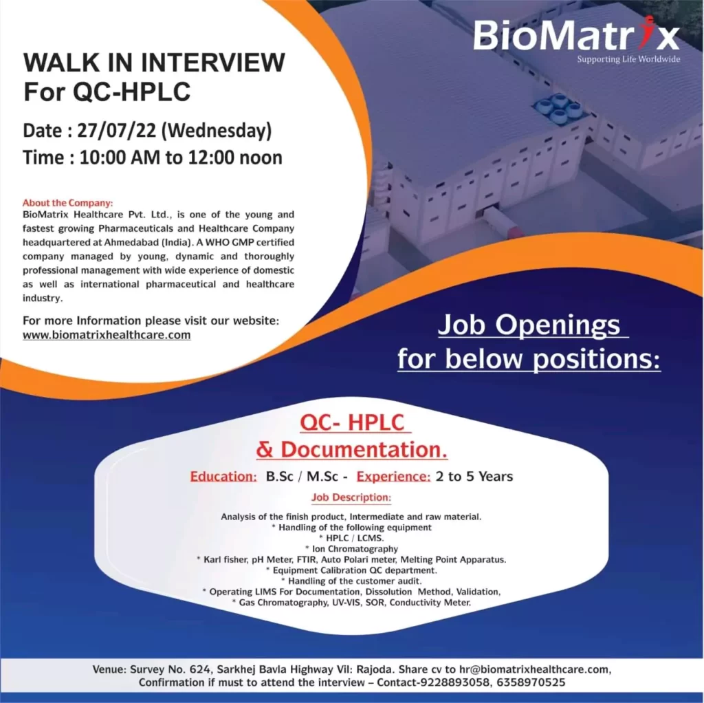 QC-HPLC & Documentation walk in - BioMatrix Healthcare