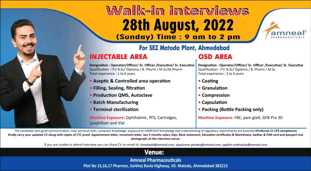 Amneal Pharmaceuticals walk in - Injectable & OSD Manufacturing operators/ Officer / Sr. Officer /Executive / Sr. Executive