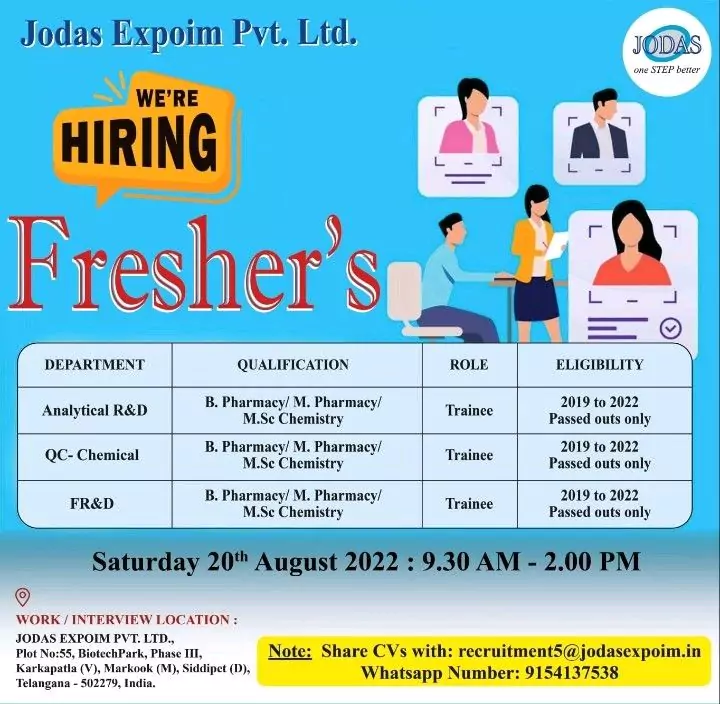 B Pharmacy, M pharm & MSc Fresher Jobs - Jodas Expoim